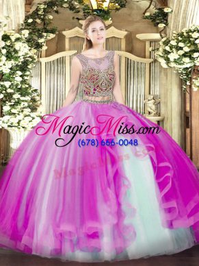 Sophisticated Sleeveless Tulle Floor Length Lace Up Ball Gown Prom Dress in Fuchsia with Beading and Ruffles