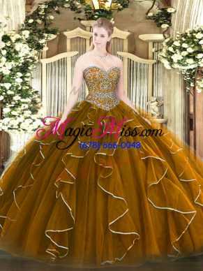 Sweetheart Sleeveless Vestidos de Quinceanera Floor Length Beading and Ruffles Brown Tulle