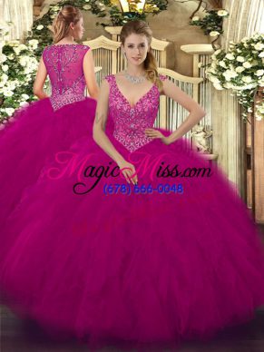 Unique Fuchsia Ball Gowns V-neck Sleeveless Tulle Floor Length Zipper Beading and Ruffles Quince Ball Gowns