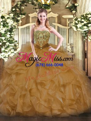 Sexy Brown Sleeveless Floor Length Beading and Ruffles Lace Up Ball Gown Prom Dress