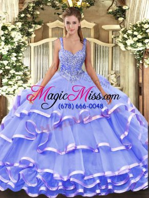 Lavender Ball Gowns Beading and Ruffled Layers Sweet 16 Dress Lace Up Organza Sleeveless Floor Length