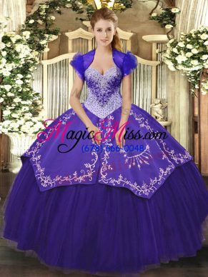 Eye-catching Purple Sleeveless Satin and Tulle Lace Up Sweet 16 Dress for Military Ball and Sweet 16 and Quinceanera