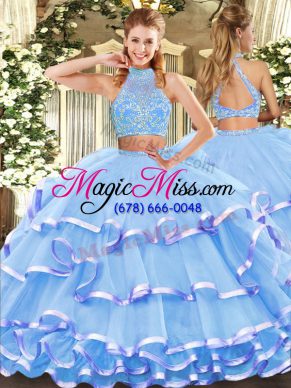 Aqua Blue Sleeveless Floor Length Beading and Ruffled Layers Criss Cross Sweet 16 Dresses