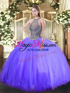 Lavender Ball Gowns Halter Top Sleeveless Tulle Floor Length Lace Up Beading 15th Birthday Dress