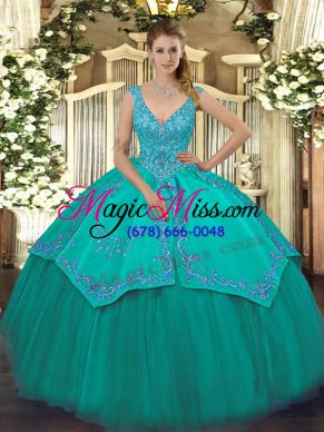 Turquoise Sleeveless Beading and Embroidery Floor Length Vestidos de Quinceanera