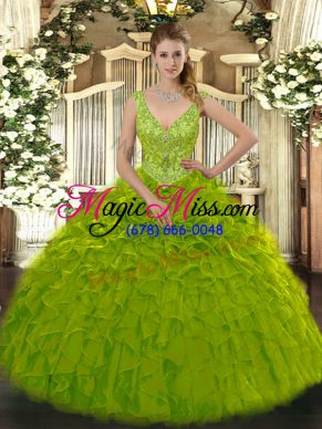 Olive Green Zipper Ball Gown Prom Dress Beading and Ruffles Sleeveless Floor Length