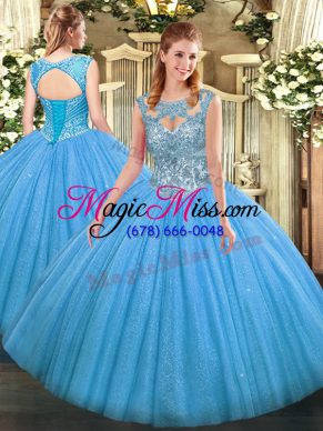 Sweet Floor Length Lace Up Sweet 16 Quinceanera Dress Baby Blue for Military Ball and Sweet 16 and Quinceanera with Beading