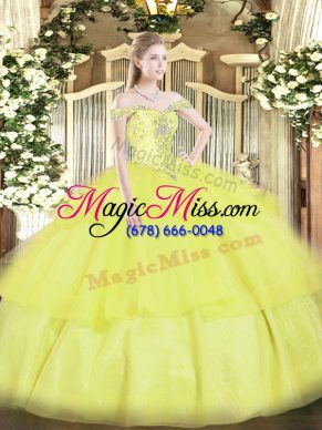 Fantastic Yellow Off The Shoulder Neckline Beading and Ruffled Layers Vestidos de Quinceanera Sleeveless Lace Up