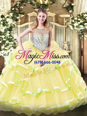 Best Yellow Green and Light Yellow Ball Gowns Organza Scoop Sleeveless Beading and Ruffled Layers Floor Length Zipper Ball Gown Prom Dress