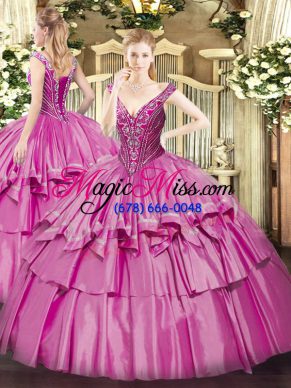 Sleeveless Organza and Taffeta Floor Length Lace Up Sweet 16 Dresses in Lilac with Beading and Ruffled Layers