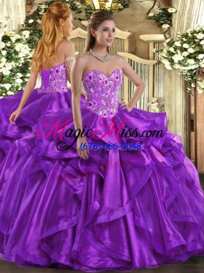 Eggplant Purple 15th Birthday Dress Sweet 16 and Quinceanera with Embroidery and Ruffles Sweetheart Sleeveless Lace Up