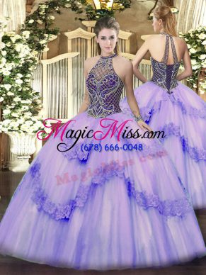 Lavender Halter Top Lace Up Beading and Appliques Vestidos de Quinceanera Sleeveless