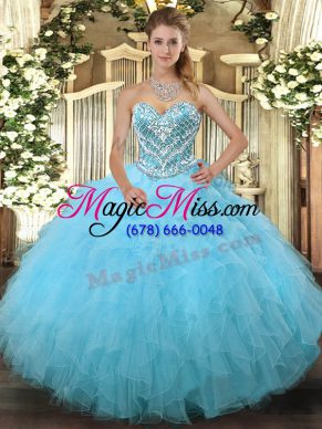 Floor Length Aqua Blue Quinceanera Dress Tulle Sleeveless Beading and Ruffles