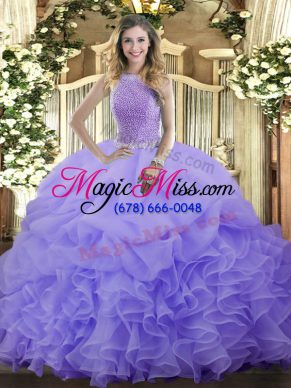 Glorious High-neck Sleeveless Organza Quinceanera Gowns Beading and Ruffles and Pick Ups Lace Up