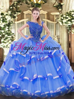 Simple Scoop Sleeveless Zipper Sweet 16 Quinceanera Dress Blue Organza