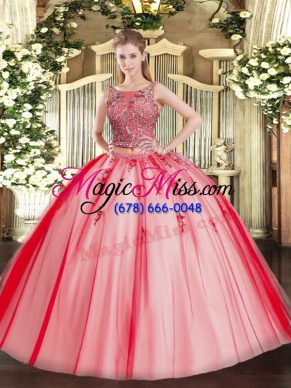 Gorgeous Coral Red Tulle Lace Up Scoop Sleeveless Floor Length 15 Quinceanera Dress Beading and Appliques