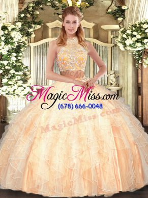 Sleeveless Floor Length Beading and Ruffles Criss Cross Quince Ball Gowns with Peach