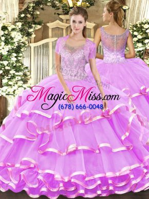 Fitting Sleeveless Floor Length Beading and Ruffled Layers Clasp Handle Vestidos de Quinceanera with Lilac