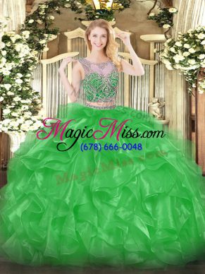 Extravagant Green Sleeveless Organza Lace Up Quinceanera Dress for Military Ball and Sweet 16 and Quinceanera