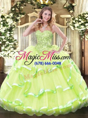 Organza Sweetheart Sleeveless Lace Up Appliques and Ruffled Layers Quinceanera Gown in Yellow Green