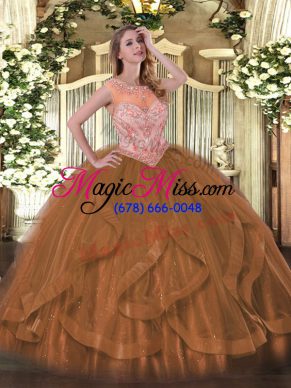 Floor Length Lace Up Sweet 16 Quinceanera Dress Brown for Sweet 16 and Quinceanera with Beading and Ruffles