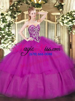 Fine Fuchsia Ball Gowns Beading and Ruffled Layers 15 Quinceanera Dress Lace Up Tulle Sleeveless Floor Length