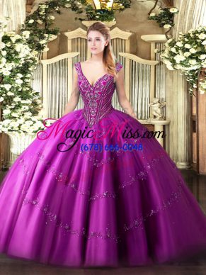 Elegant Sleeveless Tulle Floor Length Lace Up 15 Quinceanera Dress in Fuchsia with Beading and Appliques