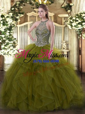 High Quality Floor Length Lace Up Quince Ball Gowns Olive Green for Sweet 16 and Quinceanera with Beading