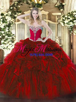 Wine Red Ball Gowns Beading and Ruffles 15 Quinceanera Dress Lace Up Organza Sleeveless Floor Length