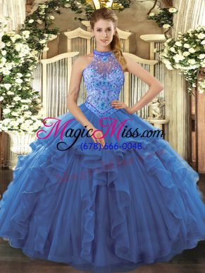 Extravagant Organza Halter Top Sleeveless Lace Up Beading and Embroidery and Ruffles Sweet 16 Quinceanera Dress in Blue