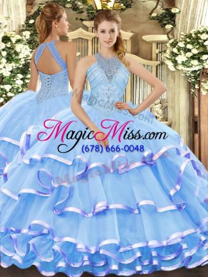 Ideal Sleeveless Lace Up Floor Length Beading and Ruffled Layers Sweet 16 Quinceanera Dress