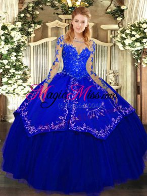 Royal Blue Ball Gowns Organza and Taffeta Scoop Long Sleeves Lace and Embroidery Floor Length Lace Up Sweet 16 Quinceanera Dress