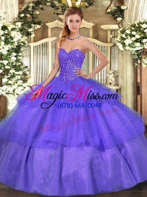 Spectacular Sweetheart Sleeveless Sweet 16 Dresses Floor Length Beading and Ruffled Layers Lavender Tulle