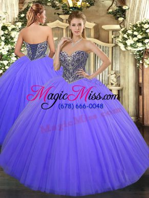 Luxurious Lavender Tulle Lace Up Quinceanera Gowns Sleeveless Floor Length Beading