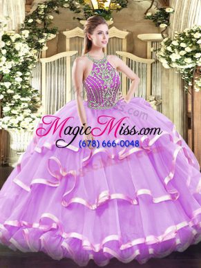 Lilac Sleeveless Tulle Lace Up 15 Quinceanera Dress for Military Ball and Sweet 16 and Quinceanera