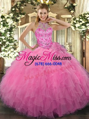 Customized Sleeveless Floor Length Beading and Embroidery and Ruffles Lace Up Sweet 16 Dress with Rose Pink