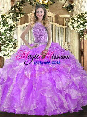 Floor Length Lace Up Quinceanera Gowns Lavender for Military Ball and Sweet 16 and Quinceanera with Beading and Ruffles