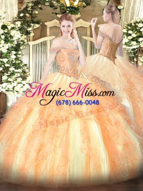 Sumptuous Multi-color Tulle Lace Up Off The Shoulder Sleeveless Floor Length 15th Birthday Dress Beading and Ruffles