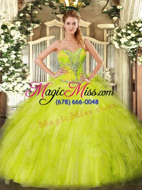 Floor Length Lace Up 15 Quinceanera Dress Yellow Green for Sweet 16 and Quinceanera with Beading and Ruffles