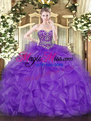 Sleeveless Floor Length Beading and Ruffles Lace Up Quinceanera Dresses with Lavender