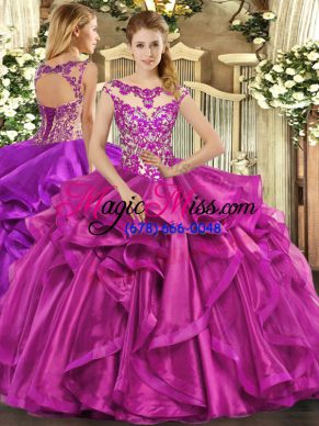 Custom Design Sleeveless Organza Floor Length Lace Up Ball Gown Prom Dress in Fuchsia with Beading and Appliques and Ruffles