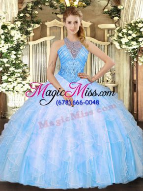 Superior Baby Blue High-neck Neckline Beading and Ruffles Quinceanera Gowns Sleeveless Lace Up