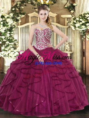 Sweetheart Sleeveless Quinceanera Gown Floor Length Beading and Ruffles Burgundy Tulle