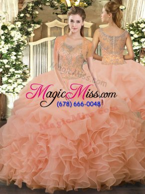 Scoop Sleeveless Ball Gown Prom Dress Floor Length Beading and Ruffled Layers Peach Tulle