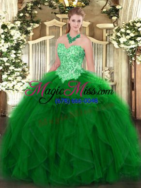 Perfect Green Sleeveless Floor Length Appliques and Ruffles Lace Up Quinceanera Gown