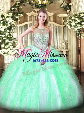 Stylish Apple Green Zipper Scoop Beading and Ruffles 15 Quinceanera Dress Tulle Sleeveless