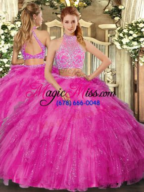 Simple Hot Pink Two Pieces Tulle Halter Top Sleeveless Beading Floor Length Criss Cross Sweet 16 Dress