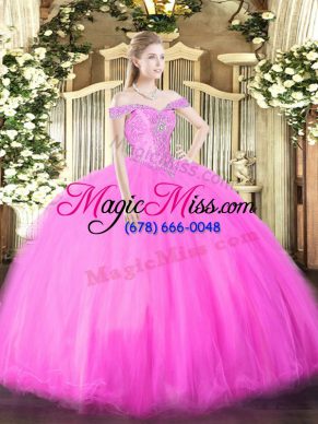 Sexy Floor Length Fuchsia 15th Birthday Dress Off The Shoulder Sleeveless Lace Up