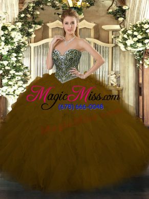 Sweetheart Sleeveless 15 Quinceanera Dress Floor Length Beading and Ruffles Brown Tulle
