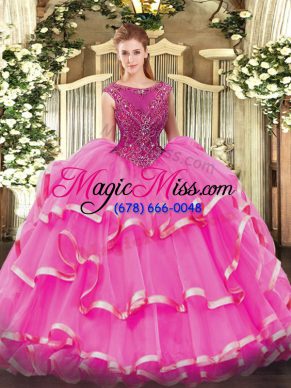 Custom Made Organza Scoop Sleeveless Zipper Beading and Ruffled Layers Sweet 16 Dresses in Fuchsia